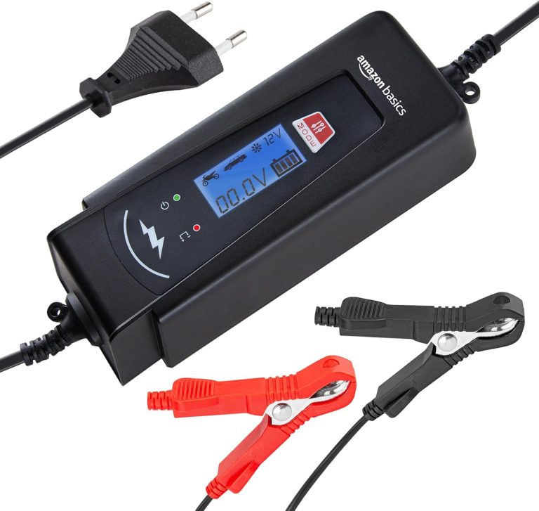 Amazon Basics Chargeur de batterie intelligent automatique avec fonction testeur de batterie, prise UE, sortie : 2A/4A, 6V/12V DC, Noir
