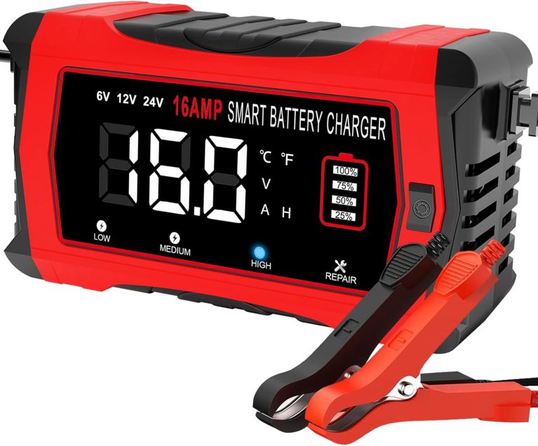 HTRC 16A Chargeur Batterie Voiture 6V 12V 24V, Chargeur de Batterie Intelligent Entièrement Automatique avec LCD pour Batteries Plomb-Acide et Lithium/LiFePO4