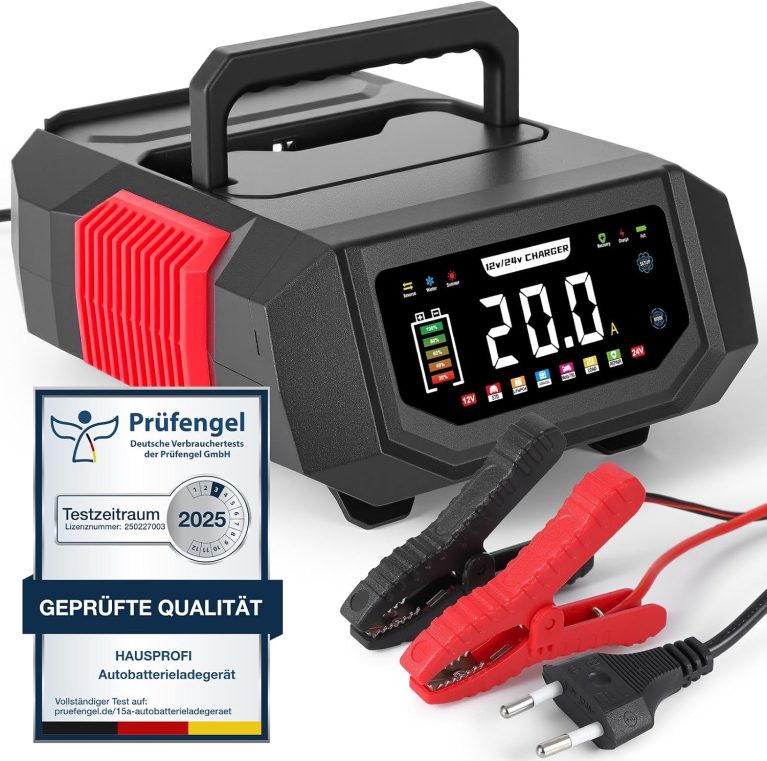 HAUSPROFI Chargeur Batterie Voiture & Moto 12V/24V 20A Intelligent - Courant Réglable (1A-20A), Mode Réparation & Maintien de Charge pour Plomb, AGM, Gel, Lithium LiFePO4