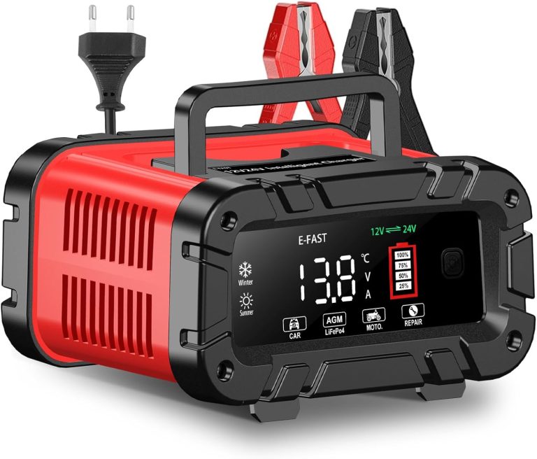 YIFASITE 20A Chargeur de Batterie Voiture 12V/24V Auto Intelligent avec Écran LCD pour Voiture Moto Camion, LiFePO4, AGM, Gel, Wet