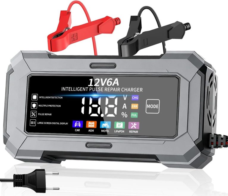 TANYO Chargeur Batterie Voitures 12V 6A, Intelligent avec Réparation par Impulsions, Écran LCD, 10 Protections, pour Voiture Moto Camion, LiFePO4, AGM, Gel